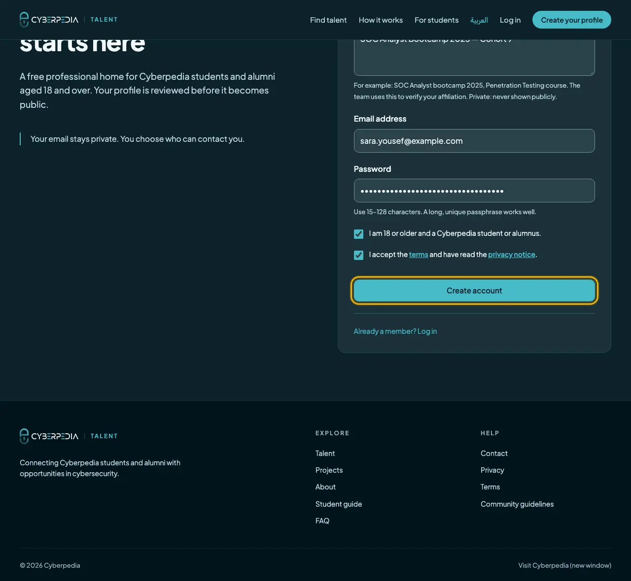 Screenshot: Fill in the sign-up form. The control to use is outlined in yellow.