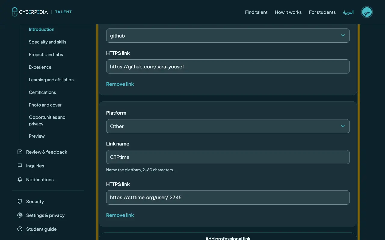 Screenshot: Introduction: professional links (optional). The control to use is outlined in yellow.