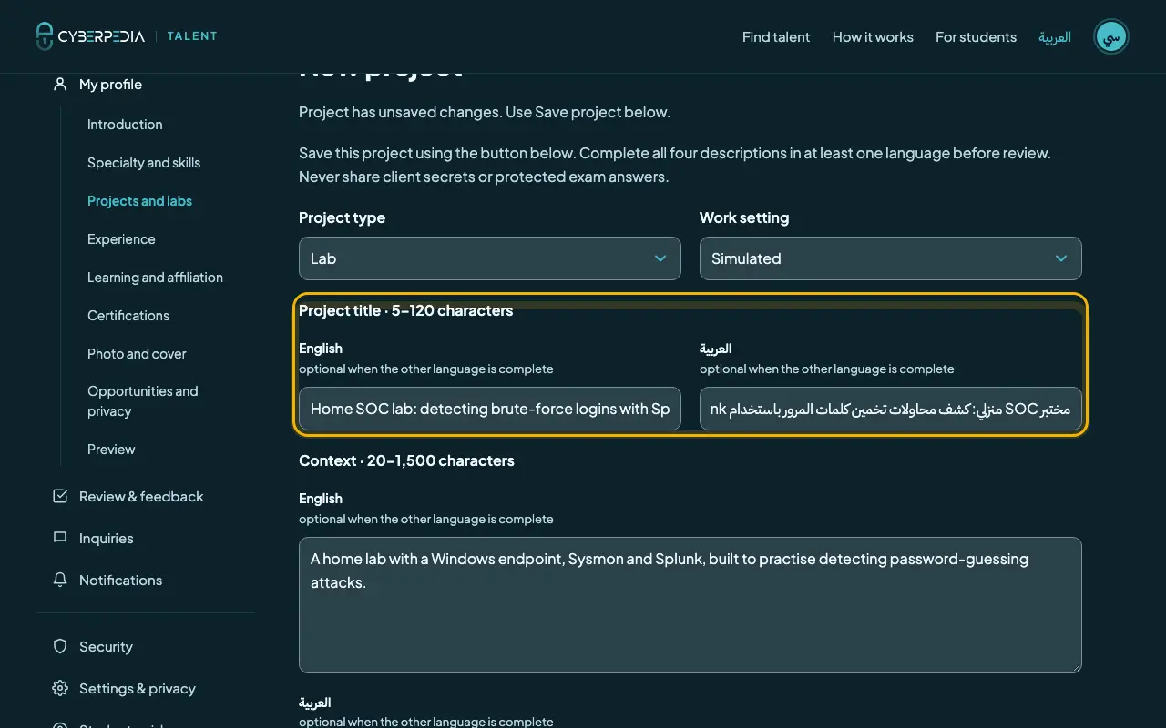 Screenshot: Projects and labs: describe one piece of work. The control to use is outlined in yellow.