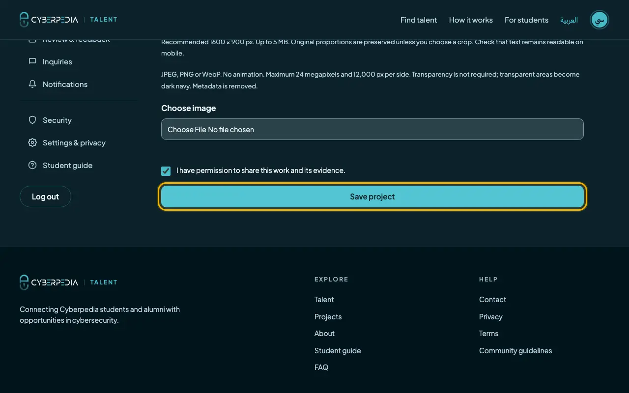 Screenshot: Tick permission and save the project. The control to use is outlined in yellow.