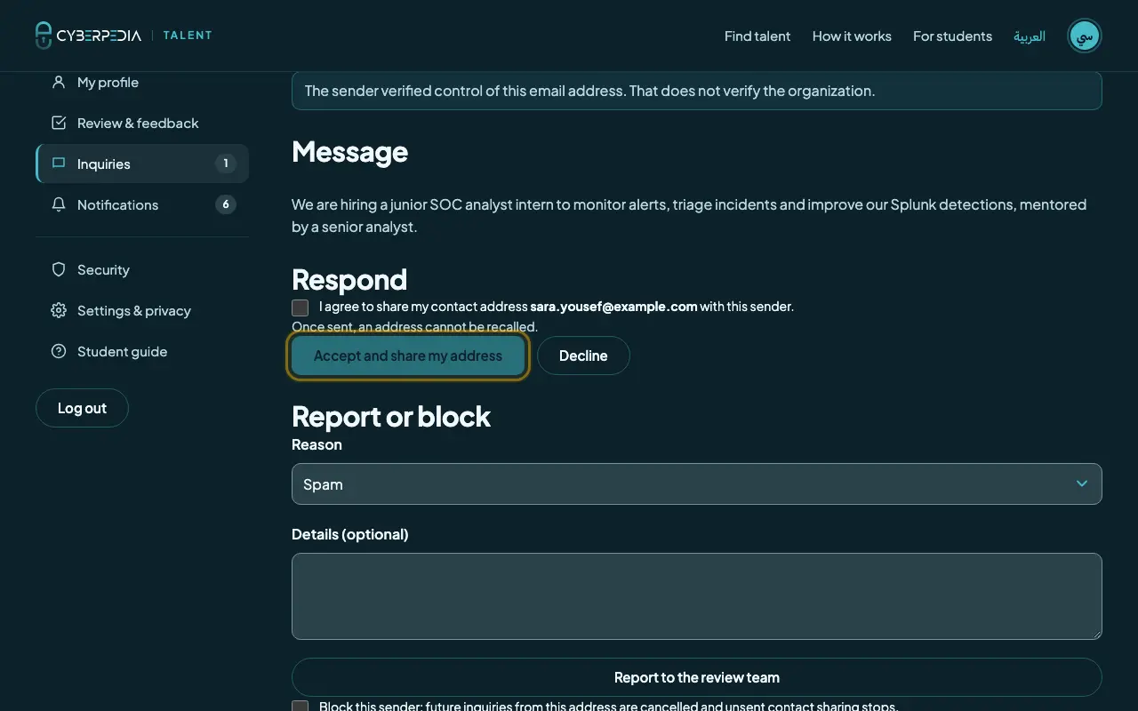 Screenshot: Accept, decline or report. The control to use is outlined in yellow.